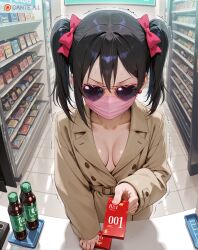 ai_generated black_hair buying_condoms cleavage condom_box convenience_store dante_a.i. earrings energy_drink face_mask glasses hair_between_eyes hair_ribbon heart-shaped_eyewear holding_object indoors love_live! love_live!_school_idol_project motion_lines mouth_mask naked_coat pink_glasses pink_mask small_breasts sweat trembling trenchcoat twintails watermark yazawa_nico