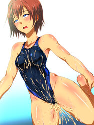 after_sex ahe_gao azu_(azzz) barefoot breasts character_request cum cum_in_pussy female game_cg jikan_teishi_de_pool_sennyuu nipples one-piece_swimsuit rolling_eyes shiny_skin swimsuit