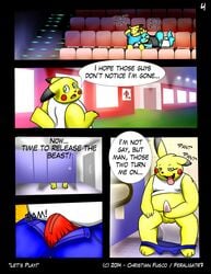 2boys bathroom belly black_border blue_skin bulge chubby clothing comic duo feraligatr feraligatr7 furry gay green_eyes half-closed_eyes inside interspecies male male_only masturbation movie_theater nintendo overweight overweight_male penis pikachu pokémon_(species) pokemon pokemon_gsc pokemon_rgby rodent scalie shirt sitting smile tail testicles text toilet tongue tongue_out underwear video_games yaoi yellow_fur