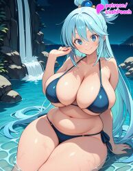 1girls 2026 ai_assisted ai_generated anime aqua_(konosuba) artist_name belly big_breasts bikini blue_bikini blue_eyes blue_hair breasts bust curvy explicit female hair_ornament hair_rings hi_res high_quality high_resolution highres huge_breasts kono_subarashii_sekai_ni_shukufuku_wo! konosuba long_hair lushpeach navel ocean patreon patreon_username plump pool poolside rock shallow_water smile soaking_feet solo stable_diffusion swimsuit thighs very_long_hair voluptuous wading water watermark wet