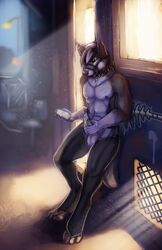 1boy 2015 abs anthro balls blindcoyote canine collar cum digitigrade ear_piercing fur husky male male_only mammal masturbation mostly_nude multicolored_fur muzzle_(object) muzzled outside penile_masturbation phone piercing public solo two_tone_fur