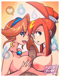 2girls areola athena_cykes bangs blue_eyes breast_press breasts cleavage double_paizuri erection female ghost_trick ghosts gyakuten_saiban long_hair looking_at_viewer lynne_(ghost_trick) male multiple_girls nipples nude paizuri penis red_hair sex side_ponytail skajrzombie straight tongue_out