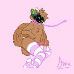 1:1 anthro ass atoshi10101 bodily_fluids clothing collar deer femboy fluffy genital_fluids genitals hi_res hybrid invalid_tag knot legwear lying machine male male/male mammal penis precum protogen solo submissive tail thigh_highs visor