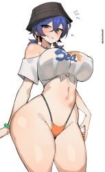 1girl 1girls absurdres alternate_breast_size_(larger) belle_(summer_skies)_(zenless_zone_zero) belle_(zenless_zone_zero) bikini blue_hair blush breasts bucket_hat clothes_writing commentary cowboy_shot crossed_bangs double-parted_bangs earrings female female_only green_eyes grin hair_between_eyes hat heart highleg highleg_bikini highres jewelry kuromaruart large_breasts light-skinned_female light_skin looking_at_viewer navel notice_lines official_alternate_costume orange_bikini shirt short_hair simple_background smile solo solo_female stomach swimsuit thick_thighs thighs tied_shirt white_background white_shirt zenless_zone_zero