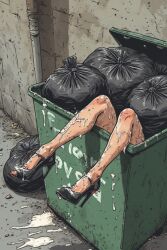 after_rape after_sex ai_generated cum_on_heels cum_on_legs curvy_legs dripping_cum dumpster high_heels perchance_ai thrown_away trash trash_bag