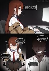1boy 1girls ai ai-created ai_art ai_assisted ai_generated background belt belt_buckle big_breasts black_body blush blushing_at_viewer blushing_female breasts brown_body brown_skin buckle caption caption_box captioned chair cheating cheating_female cheating_girlfriend closed_mouth clothed clothing coiefen computer computer_monitor dark-skinned_male dark_background dark_body dark_skin dialogue dialogue_box dialogue_bubble dress dress_shirt ear eyebrows eyebrows_visible_through_hair eyes eyes_open faceless_character faceless_male female gray_eyes grey_eyes hair hair_between_eyes hips imminent_anal imminent_fellatio imminent_oral imminent_penetration imminent_rape imminent_sex imminent_vaginal interracial jacket jacket_off_shoulders jacket_open jacket_partially_removed keyboard keyboard_(computer) leather leather_clothing leather_shorts light light-skinned light-skinned_female light_body light_skin long_hair looking_at_another looking_at_viewer looking_up makise_kurisu male male/female medium_breasts mentioned_character mouth mouth_closed netorare nose ntr open_eyes open_mouth out_of_frame raceplay red_hair red_tie shorts simple_background sitting sitting_on_chair snowbunny standing steins;gate stockings story story_at_source straight table talking teeth teeth_visible text text_bubble tie time_skip wire wires