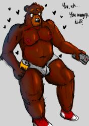 1boy anthro bear bear_ears beer beer_belly beer_can blush brown_fur dad_bod dadbod dialogue drunk father fur furry furry_male furry_only male male_only married_man muscles muscular muscular_arms muscular_male musky remote_control shirtless soft_penis softcore stepson underwear underwear_only yellow_eyes