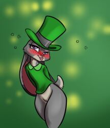 alorix anthro blush bottomless clothed clothing disney drunk female hat headgear holidays judy_hopps lagomorph mammal pussy rabbit solo st._patrick's_day zootopia