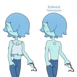 1female 1girls accurate_art_style alien alien_girl alien_humanoid blue_hair blue_nipples blue_pearl_(steven_universe) blue_skin colored digital_drawing_(artwork) digital_media_(artwork) edited female female_only flat_chest gem gem_(species) gemstone glasses hair_over_eyes holding_glasses holding_object jeans jeans_only nipples not_ai_generated short_hair simple_shading small_breasts steven_universe thin thin_female topless topless_female topless_humanoid white_background