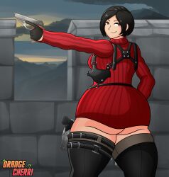 1girls ada_wong ass ass_focus big_ass black_hair booty bottomless brown_eyes castle dress gun orangecherri red_dress resident_evil resident_evil_4 resident_evil_4_remake short_hair stockings thick thick_ass thick_thighs