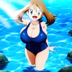 1girls ai_generated alternate_breast_size arms_up big_breasts blue_eyes breasts brown_hair cleavage female female_focus female_only game_freak huge_breasts large_breasts light-skinned_female light_skin may_(pokemon) mayday_(artist) nintendo one-piece_swimsuit pokemon short_hair solo solo_female solo_focus sweat swimsuit swimwear thick_thighs