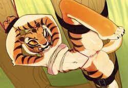 anthro arms_above_head ass bondage bound breasts dreamworks feet felid female fingers foot_focus genitals hands_tied hi_res hindpaw kung_fu_panda legs_tied legs_up mammal master_tigress nails pawpads paws pussy red_eyes ribbons solo stripes tiger toes zoyler