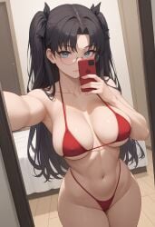 1girls ai_generated bare_shoulders black_hair blue_eyes cleavage collarbone covered_nipples fate/stay_night fate_(series) foreshortening grey-framed_eyewear hair_ribbon hair_ribbons halterneck highleg highleg_bikini holding_phone indoors large_breasts long_hair looking_at_viewer micro_bikini mirror mirror_selfie navel outstretched_arm parted_bangs quaternionic red_bikini reflection round_glasses selfie silver-framed_eyewear smartphone solo stable_diffusion standing string_bikini swimsuit taking_picture thick_thighs thong_bikini tohsaka_rin two_side_up