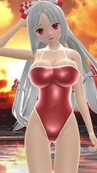 1girls 2023 3d_(artwork) beach belly_button blush bowtie breasts clavicle cleavage clouds fujiwara_no_mokou hati_yukkuri_mmd human imperishable_night light-skinned_female long_hair_female looking_at_viewer mmd one_arm_up open_mouth outdoors red_eyes red_swimsuit sky solo_female solo_focus sunset swimsuit touhou waist water white_hair_female