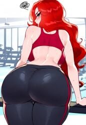 1female 1girls ai_generated anemoi annoyed annoyed_expression ass ass_focus back_view backboob big_ass big_butt blue_eyes blush blushing boobs booty breasts commission curvy curvy_female curvy_figure female female_only from_behind gym gym_clothes gym_clothing gym_uniform league_of_legends leggings looking_at_viewer looking_back miss_fortune pantylines pawg red_hair riot_games sarah_fortune solo sports_bra sportswear sweat sweatdrop sweaty sweaty_body tight_clothes tight_clothing workout_clothes workout_clothing yoga_pants