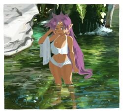 1girls ;o bare_shoulders blue_eyes breasts chzzei cleavage crop_top dark-skinned_female dark_skin female hair_down highres long_hair medium_breasts one_eye_closed panties pointy_ears purple_hair shantae shantae_(character) sleeveless underwear very_long_hair water