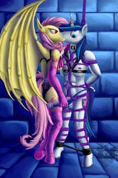 1boy 1girls 2016 ankle_cuffs anthro arms_behind_back ass bat blue_eyes blue_hair blush bondage bound bra breasts clothing collar dungeon erection female femdom flutterbat_(mlp) friendship_is_magic furry gag gagged handjob hi_res horn kissing legwear male malesub mammal my_little_pony nipples panties penis pink_hair quakehoof restrained rope saliva shining_armor_(mlp) spreader_bar standing straight straight_hair text underwear veins veiny_penis wings