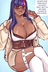 black_woman bra busty_female cardigan cleavage curvy_female english_text friendship_is_magic garter_belt glasses humanized_pony my_little_pony nerdy_female teacher teacher_and_student text thick_thighs thighhighs twilight_sparkle_(mlp) watermark