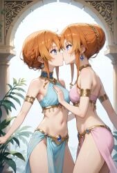 ai_generated blue_eyes date_a_live groping groping_breasts incest kissing midriff orange_hair sisters skimpy skinny small_breasts standing twincest twins yamai_kaguya yamai_yuzuru yuri