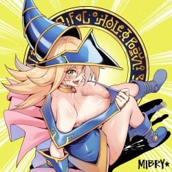 artist_name bare_shoulders blonde_hair blue_footwear blue_hat blush blush_stickers boots breasts choker cleavage dark_magician_girl duel_monster female green_eyes hair_between_eyes hat large_breasts long_hair looking_at_viewer mibry_(phrysm) nipples open_mouth phrygian_helmet showgirl_skirt smile solo wizard_hat yu-gi-oh!