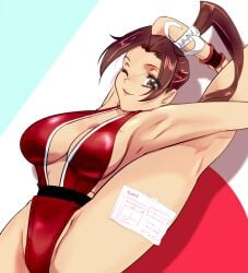 1girls belt big_breasts breasts brown_eyes brown_hair busty female female_only flexible gloves japanese japanese_clothes king_of_fighters leg_up light-skinned_female light_skin long_hair mai_shiranui one_eye_closed one_leg_up red_clothing smile solo thick_thighs thighs tied_hair voluptuous voluptuous_female