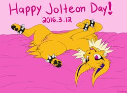 2016 akira_(candyfoxy) anus black_pawpads candyfoxy eeveelution female feral fur heterochromia jolteon lying nintendo on_back open_mouth orange_eyes pawpads pink_eyes pokemon pussy solo spiked_bracelet spread_legs spreading text video_games yellow_fur