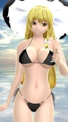 1girls 2023 3d beach belly_button bikini black_bikini blonde_hair_female breasts cleavage clouds hat hati_yukkuri_mmd headwear human light-skinned_female long_hair_female looking_at_viewer marisa_kirisame mmd outdoors pointing_at_viewer sky smiling_at_viewer solo_female solo_focus swimsuit touhou water white_bowtie witch_hat yellow_eyes