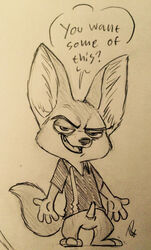1boy black_and_white bottomless canine clothed clothing disney fennec finnick fox hi_res male male_only mammal mica_xiii penis presenting shirt solo zootopia