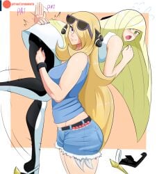 2girls alternate_costume blonde_hair blush breasts carrying casual creatures_(company) cynthia_(pokemon) denim denim_shorts embarrassed game_freak long_hair lusamine_(pokemon) mature_female multiple_girls nail_polish nintendo poke_ball pokemon pokemon_dppt pokemon_sm shorts smile spanking tank_top very_long_hair zero_momentai