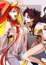 2girls ahoge anklet aphrodite_(fate) aphrodite_(fate/grand_order) bare_shoulders blonde_hair breasts brown_hair catfight colored_inner_hair commentary earrings eye_contact fate/grand_order fate_(series) hair_intakes heart heart_earrings highres hoop_earrings ishtar_(fate) jewelry karasaki large_breasts lipstick looking_at_another makeup medium_breasts multicolored_hair multiple_girls nail_polish open_mouth orange_hair orange_nails power_connection red_eyes red_lips red_nails revealing_clothes rivalry single_thighhigh smile smug staredown teeth thighhighs tongue trait_connection two-tone_hair wings yellow_eyes