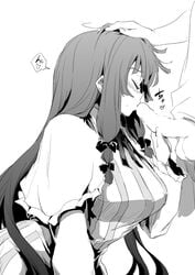 blush breasts capelet fellatio female hair_ribbon heart kissing large_breasts lefthand long_hair oral patchouli_knowledge petting ribbon solo_focus spoken_heart touhou