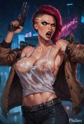 1girls ai_generated angry armpits bare_shoulders belt belt_buckle black_belt breasts brown_jacket buckle cleavage collarbone covered_nipples cowboy_shot cyberpunk_2077 ear_piercing earrings finger_on_trigger freckles gun handgun holding holding_gun holding_weapon jacket jewelry large_breasts leather_pants lips lipstick makeup midriff mismatched_eyebrows navel night nipples no_bra nose nose_piercing off_shoulder open_clothes open_jacket open_mouth pants philon piercing rain red_eyes red_hair see-through shirt short_hair solo stable_diffusion stud_earrings tank_top undercut v_(cyberpunk_2077) weapon wet wet_clothes wet_shirt