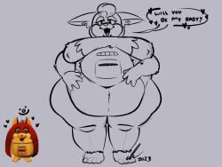 absurd_res anthro belly big_belly big_breasts big_ears breasts cassette_player chest_fur classica_p female hanging_belly head_tuft hi_res mama_tattletail overweight solo speech_bubble tattletail_(species) tuft