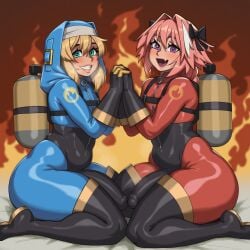 ai_generated astolfo_(fate) belly big_ass blonde_hair blushing bodysuit bridget bulge copernicus cosplay curvy_figure femboy feminine_male flaccid green_eyes holding_hands kneeling pink_lips pyro pyro_(team_fortress_2) rubber_suit shiny_clothes short_hair small_waist sweating thick_thighs wariza white_body wide_hips