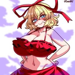 big_breasts blonde_female blonde_hair blue_eyes bow breasts cleavage female frilled_swimsuit girl hair_ribbon hairbow hands_on_hips huge_breasts looking_at_viewer medicine_melancholy midriff oppai poison_gas red_bow red_dress red_ribbon red_swimsuit ribbon seireiart smirk sole_female swimsuit touhou wide_hips