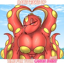 2024_pokemon_teraleak absurd_res anthro ass belly big_breasts bodily_fluids breast_squish breasts cephalopod digital_media_(artwork) female generation_2_pokemon genital_fluids genitals heart_eyes heart_symbol hi_res imminent_sex looking_at_viewer marine mollusk navel nintendo nipples non-human_areolae nude octillery open_mouth plump_labia pokemon pokemon_(species) pussy simple_background slightly_chubby slightly_chubby_anthro slightly_chubby_female solo squish suction_cup tentacle text thick_thighs vaginal_fluids wet wide_hips wingedwilly