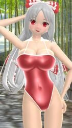 1girls 2023 3d bamboo_tree belly_button blush bowtie breasts cleavage fujiwara_no_mokou hand_on_head hati_yukkuri_mmd human imperishable_night light-skinned_female long_hair_female mmd one_arm_up open_mouth outdoors red_eyes red_swimsuit solo_female solo_focus swimsuit touhou waist white_hair_female