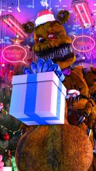 2022 animatronic bear big_fangs bow_tie bowtie christmas christmas_headwear claws exposed_endoskeleton fangs fangs_out finger_claws five_nights_at_freddy's five_nights_at_freddy's_4 gift gift_box gumboochie headgear headwear huge_balls huge_testicles hyper_balls hyper_testicles ingame_model looking_at_viewer machine male male_only nightmare_fredbear_(fnaf) robot scottgames sharp_claws sharp_teeth solo stomach_mouth ursid withered