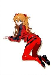 1girls ai_generated ass asuka_langley_sohryu full_body jacket kneeling neon_genesis_evangelion orange_hair plugsuit serious shoppy soles white_background