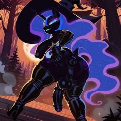 ai_generated anthro anus balls boots dock_(anatomy) foreskin forest futanari gloves latex moon my_little_pony nightmare_moon_(mlp) penis pony princess_luna_(mlp) thighhighs uncut witch_hat