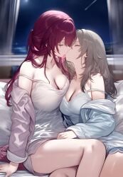 ai_generated bare_legs bare_shoulders bare_thighs big_breasts breasts cleavage closed_eyes collarbone grey_hair honkai:_star_rail indoors kafka_(honkai:_star_rail) kissing lesbian_kiss long_hair mature_female medium_breasts night nightgown no_bra pajamas purple_hair setsuaiart stelle_(honkai:_star_rail) strap_slip thighs yuri