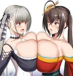 2girls absurdres ahoge anger_vein azur_lane bare_shoulders between_breasts bird_mask black_hair blush breast_contest breast_press breasts catfight cleavage clothing_cutout collarbone confrontation crossed_bangs detached_collar dress eye_contact faceoff formidable_(azur_lane) frilled_dress frills gekisum grey_hair hair_ribbon highres huge_breasts japanese_clothes kimono light-skinned_female light_skin looking_at_another mask mask_on_head multiple_girls necktie necktie_between_breasts off_shoulder open_mouth red_eyes red_kimono red_ribbon ribbon rivalry royal_navy_(azur_lane) sakura_empire_(azur_lane) sash shoulder_cutout sidelocks simple_background standing staredown sweat symmetrical_docking taihou_(azur_lane) titfight twintails two-tone_dress two-tone_ribbon white_background wide_sleeves