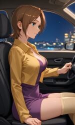 1girls ai_generated beautiful_females blue_eyes breasts brown_hair car city cleavage dress driving jacket minako_haruno minidress night peaceful purple_dress short_dress short_hair smile solo thighhighs urotsukidoji urotsukidoji:_new_saga urotsukidouji yellow_jacket_(clothing) yellow_thighhighs zettai_ryouiki