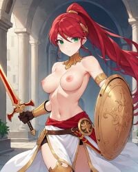 1girls ai_generated anzatiridonia breasts greek greek_clothes greek_female green_eyes midriff nipples nude nude_female ponytail pyrrha_nikos red_hair rwby shield sword topless