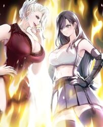 2girls absurdres asymmetrical_bangs bare_shoulders black_hair black_skirt black_sports_bra black_thighhighs blonde_hair breasts brown_eyes catfight cleavage commentary cowboy_shot crop_top dress earrings elbow_gloves english_commentary fiery_background final_fantasy final_fantasy_vii final_fantasy_vii_remake fingerless_gloves fire furrowed_brow gloves hair_between_eyes hair_over_one_eye hair_up hand_on_own_hip hand_to_own_mouth hands_on_own_hips highres huge_breasts jewelry large_breasts lipstick long_bangs long_hair looking_at_another low-tied_long_hair makeup midriff miniskirt multiple_girls parted_lips pelvic_curtain pleated_skirt red_dress rivalry scarlet_(ffvii) serious shirt shoji_sakura skirt sleeveless sleeveless_shirt smile sports_bra staredown thighhighs tifa_lockhart underwear white_shirt white_sports_bra