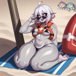 ai_generated briar_(league_of_legends) dizelxl feet grey_skin league_of_legends medium_breasts micro_bikini riot_games soles sunglasses swimsuit thick_thighs two_tone_hair white_hair