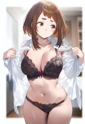 ai_generated ass_visible_through_thighs bare_belly bare_legs bare_thighs belly_button big_breasts black_bra black_panties blush bra breasts brown_hair cleavage closed_mouth collarbone lace-trimmed_bra lace-trimmed_panties my_hero_academia ochako_uraraka open_shirt panties pouting removing_shirt setsuaiart shirt short_hair solo thighs underwear white_shirt