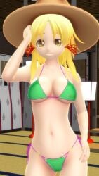 1girls 2023 3d_(artwork) belly_button bikini blonde_hair_female breasts brown_eyes deity god green_bikini hat hati_yukkuri_mmd indoors lamp light-skinned_female mmd mountain_of_faith one_arm_up red_knot short_hair_female solo_female solo_focus suwako_moriya swimsuit touhou