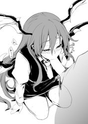 artist_request bat_wings blush cum cum_in_mouth downcast_eyes fellatio female head_wings koakuma long_hair monochrome oral penis sitting tagme touhou unseen_male_face wings