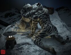 2021 3d anthro anus claws closed_eyes digital_media_(artwork) duo felid fur holding_partner kissing kneeling male male/male mammal outside pantherine pawpads sherwood snow tail tiger whiskers